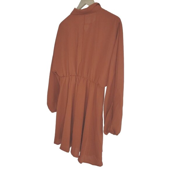 Large Oversized Collared Button Front Long Sleeve Mini Shirt Dress Burnt Orange - Picture 4 of 9